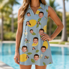 Model wearing Women's Zesty Zigzags Custom Face V-Neck Dress printed with kids' faces