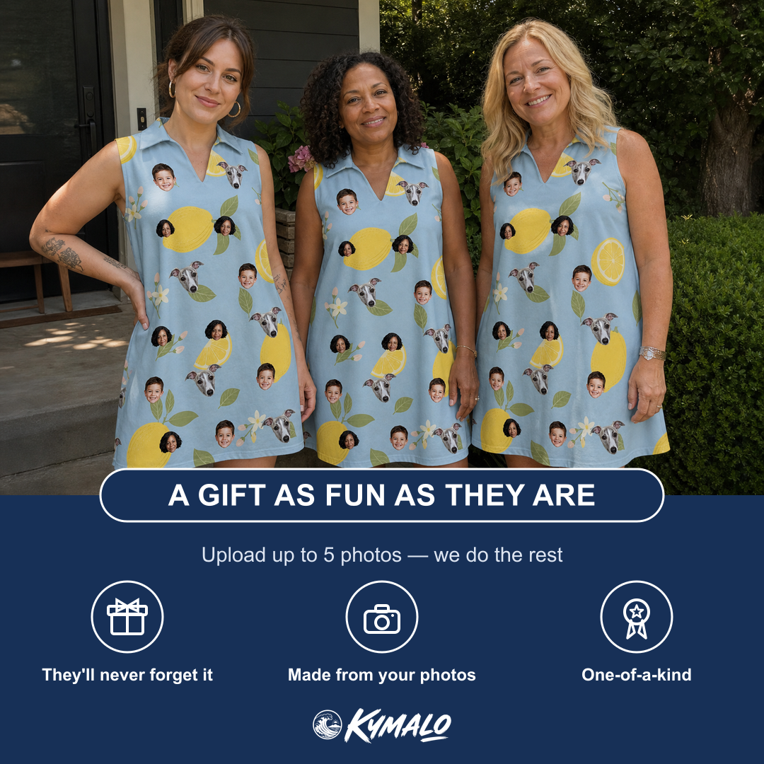 Friends in matching Women's Zesty Zigzags Custom Face V-Neck Dress — a group gift photo