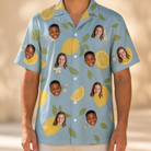 Model wearing Men's Zesty Zigzags Custom Face Hawaiian Shirt printed with kids' faces