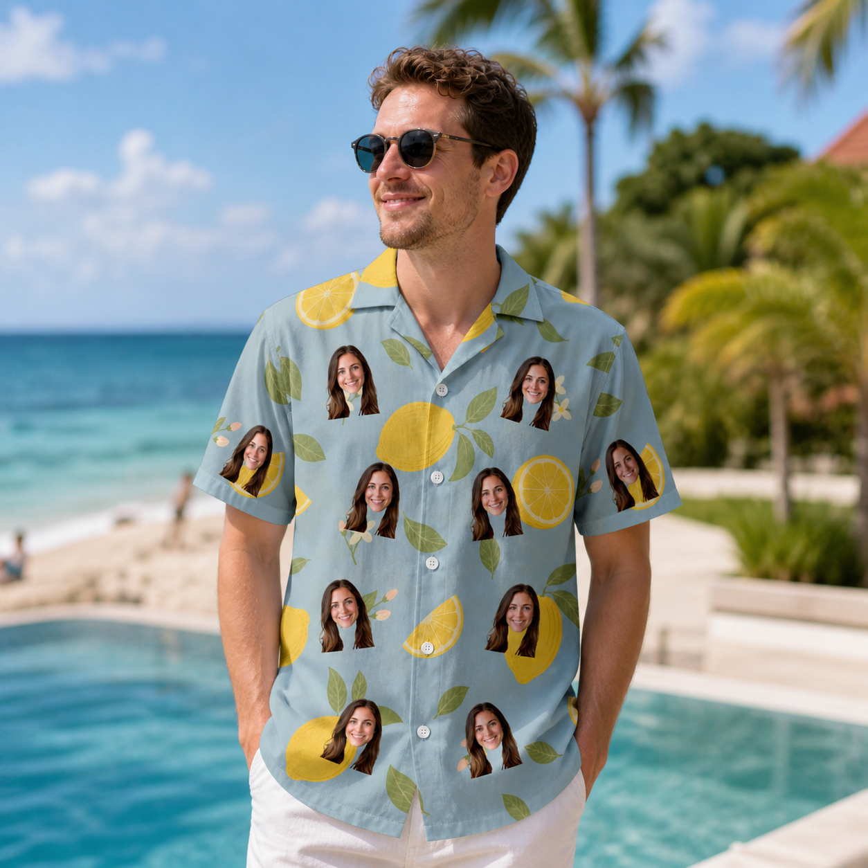Real-life photo of someone wearing Men's Zesty Zigzags Custom Face Hawaiian Shirt — custom faces printed all-over