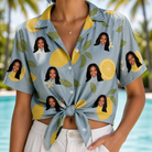 Woman wearing Women's Zesty Zigzags Custom Face Hawaiian Shirt tied at the waist