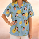 Model wearing Women's Zesty Zigzags Custom Face Hawaiian Shirt printed with kids' faces