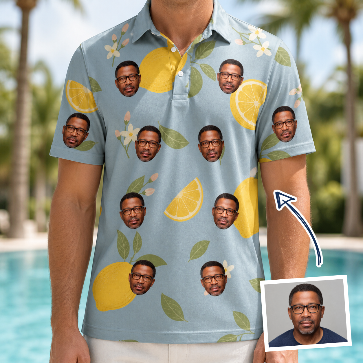 Man wearing Men's Zesty Zigzags Custom Face Polo Shirt — custom faces printed all-over