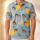 Model wearing Men's Zesty Zigzags Custom Face Polo Shirt printed with kids' faces