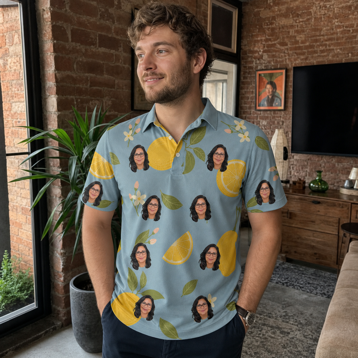 Real-life photo of someone wearing Men's Zesty Zigzags Custom Face Polo Shirt — custom faces printed all-over