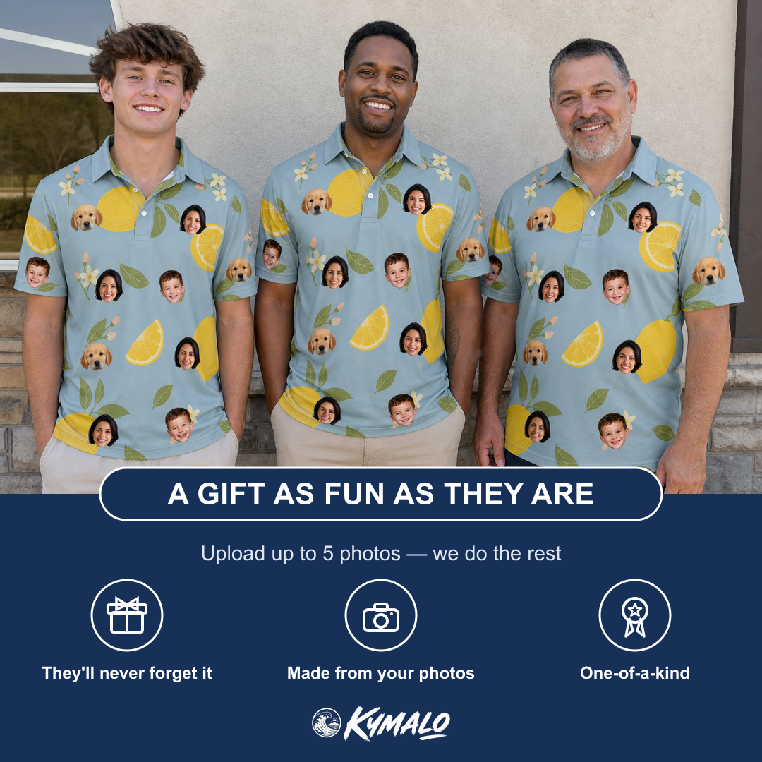 Friends in matching Men's Zesty Zigzags Custom Face Polo Shirt — a group gift photo