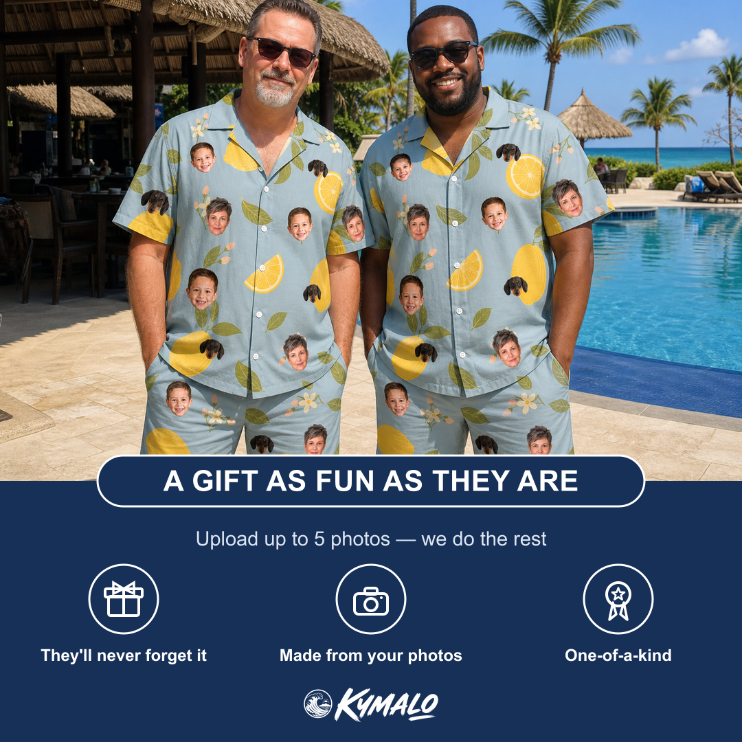 Friends in matching Men's Zesty Zigzags Custom Face Shirt & Shorts Set — a group gift photo