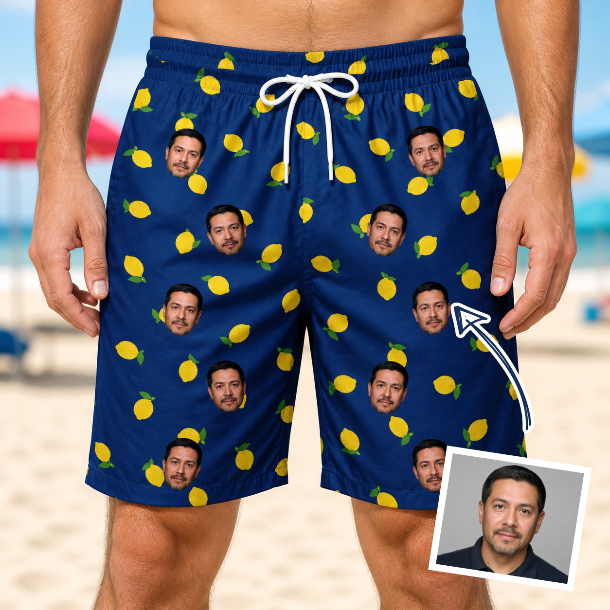 Man wearing Men's Lemon Lilt Custom Face Beach Shorts — custom faces printed all-over