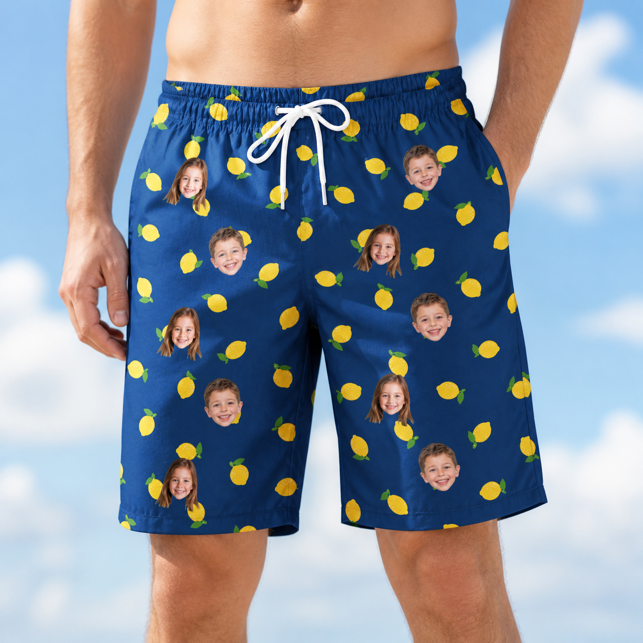 Model wearing Men's Lemon Lilt Custom Face Beach Shorts printed with kids' faces