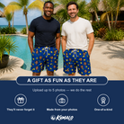 Friends in matching Men's Lemon Lilt Custom Face Beach Shorts — a group gift photo