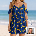 Woman wearing Women's Lemon Lilt Custom Face Off-Shoulder Dress — custom faces printed all-over