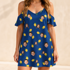Model wearing Women's Lemon Lilt Custom Face Off-Shoulder Dress printed with kids' faces
