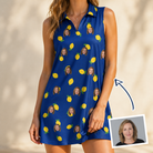 Woman wearing Women's Lemon Lilt Custom Face V-Neck Dress — custom faces printed all-over