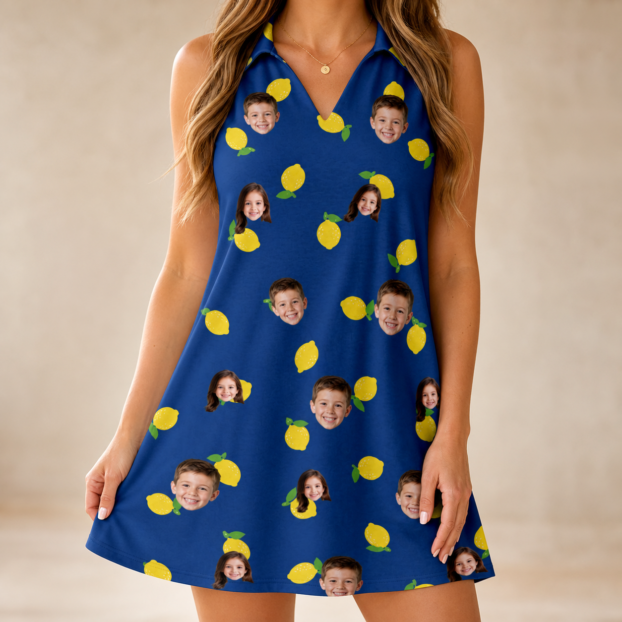 Model wearing Women's Lemon Lilt Custom Face V-Neck Dress printed with kids' faces