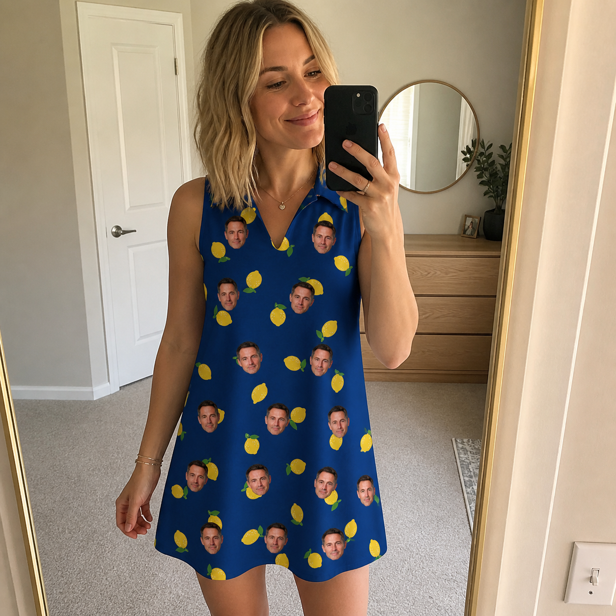 Real-life photo of someone wearing Women's Lemon Lilt Custom Face V-Neck Dress — custom faces printed all-over