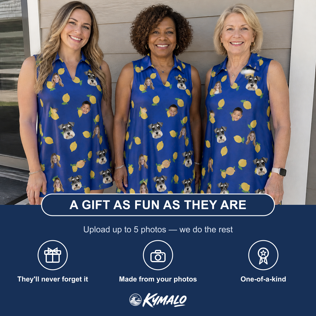 Friends in matching Women's Lemon Lilt Custom Face V-Neck Dress — a group gift photo