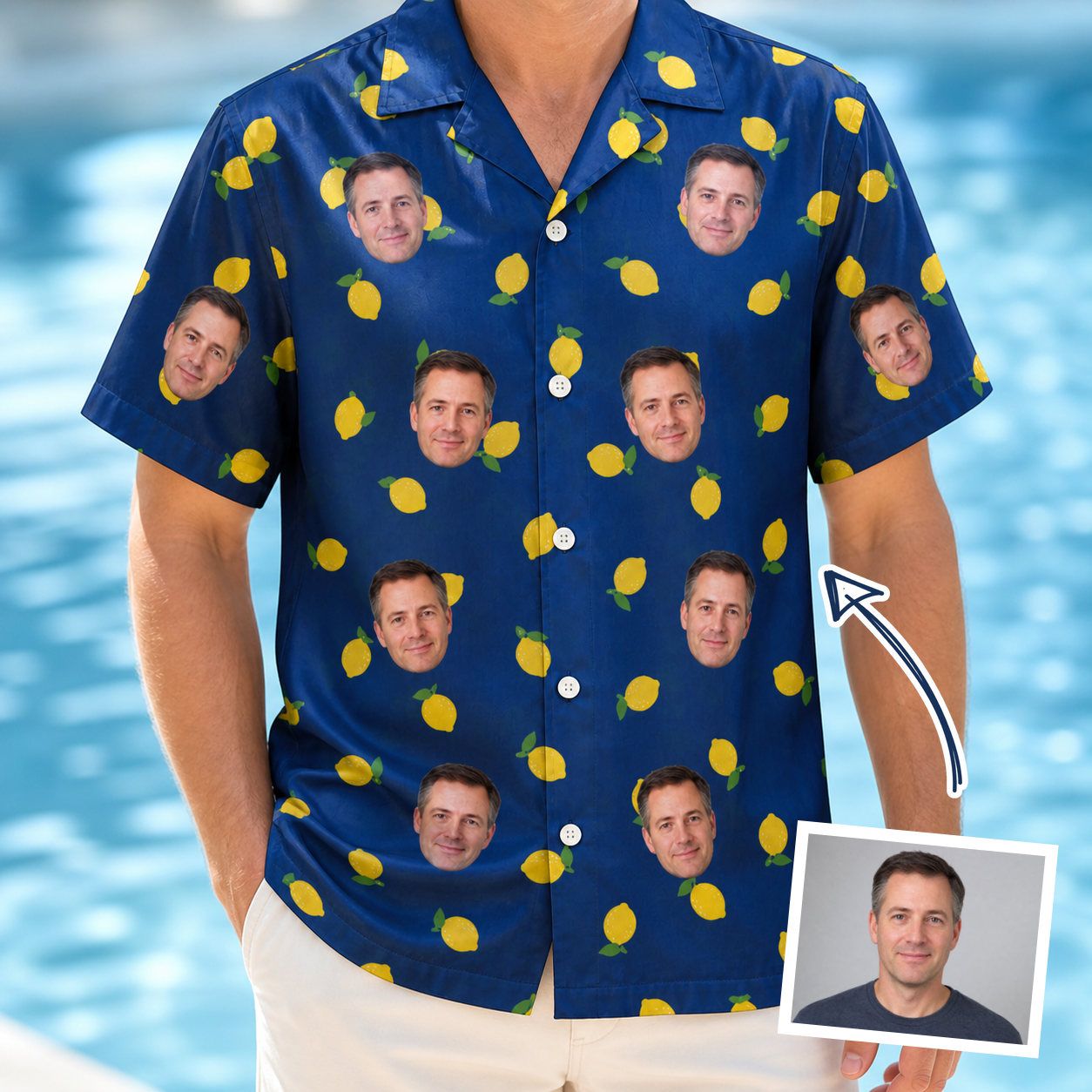 Man wearing Men's Lemon Lilt Custom Face Hawaiian Shirt — custom faces printed all-over