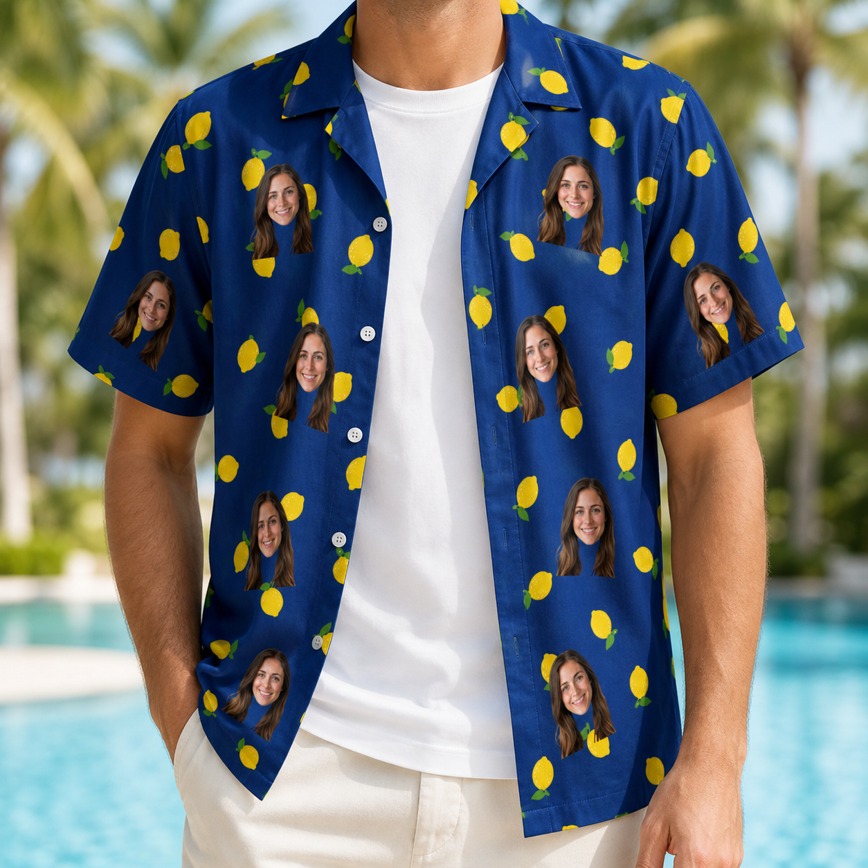 Man wearing Men's Lemon Lilt Custom Face Hawaiian Shirt open over a white tee