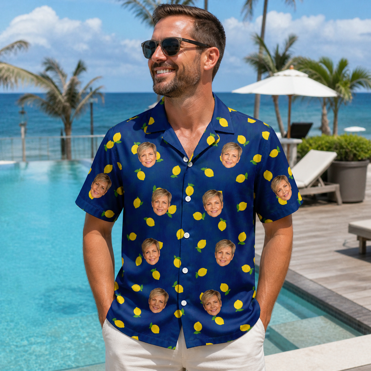 Real-life photo of someone wearing Men's Lemon Lilt Custom Face Hawaiian Shirt — custom faces printed all-over