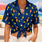 Woman wearing Women's Lemon Lilt Custom Face Hawaiian Shirt tied at the waist