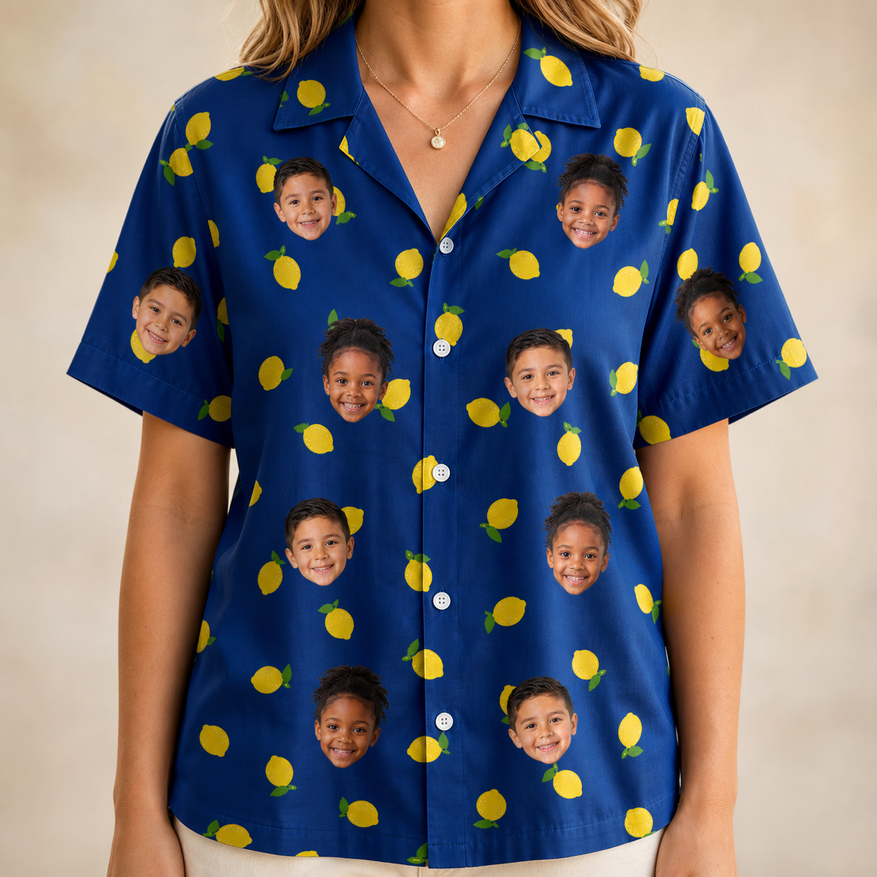 Model wearing Women's Lemon Lilt Custom Face Hawaiian Shirt printed with kids' faces
