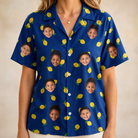 Model wearing Women's Lemon Lilt Custom Face Hawaiian Shirt printed with kids' faces
