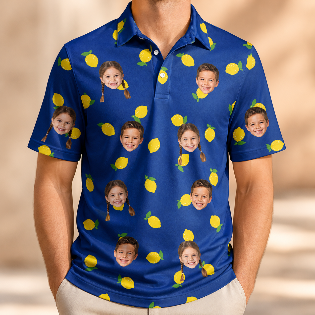 Model wearing Men's Lemon Lilt Custom Face Polo Shirt printed with kids' faces