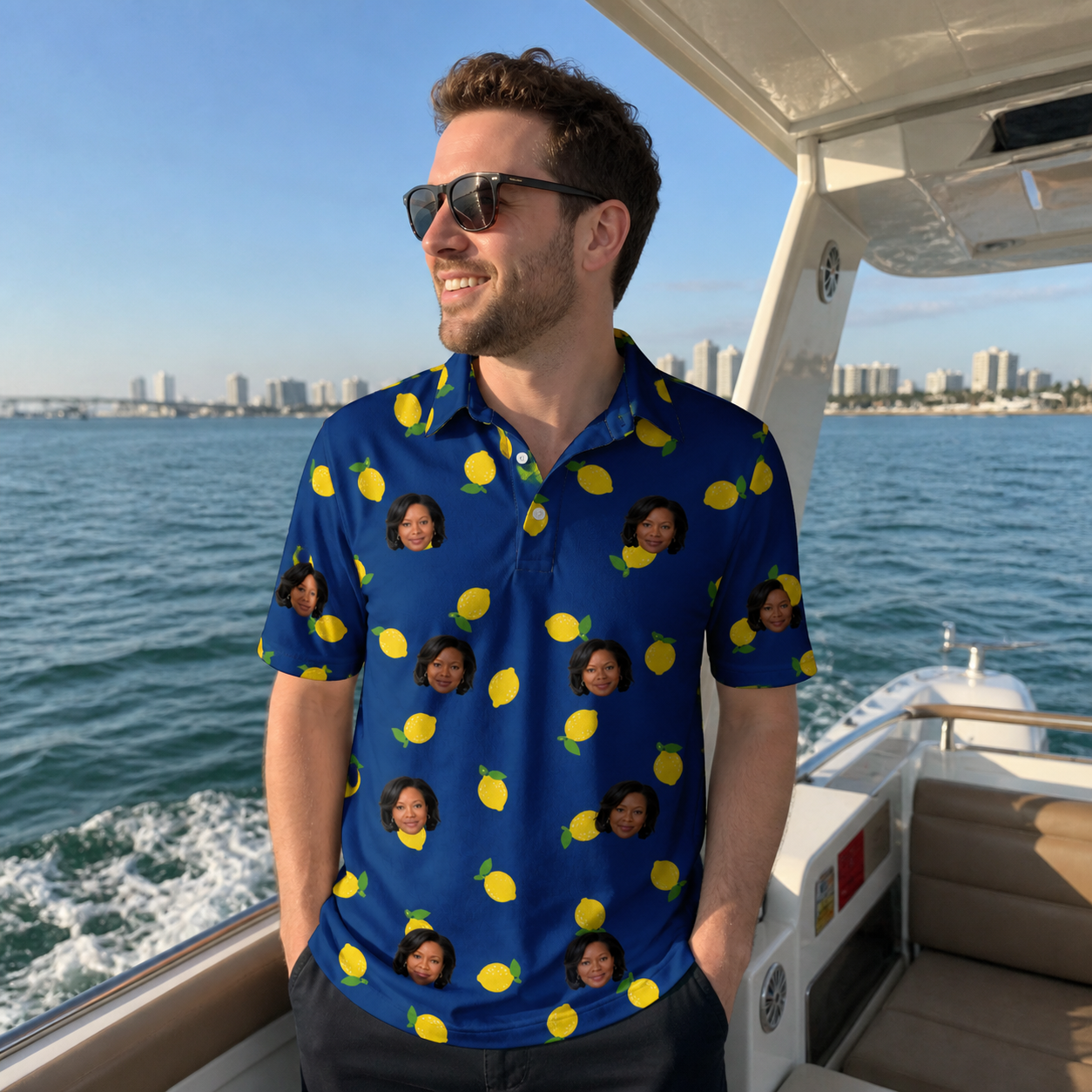 Real-life photo of someone wearing Men's Lemon Lilt Custom Face Polo Shirt — custom faces printed all-over