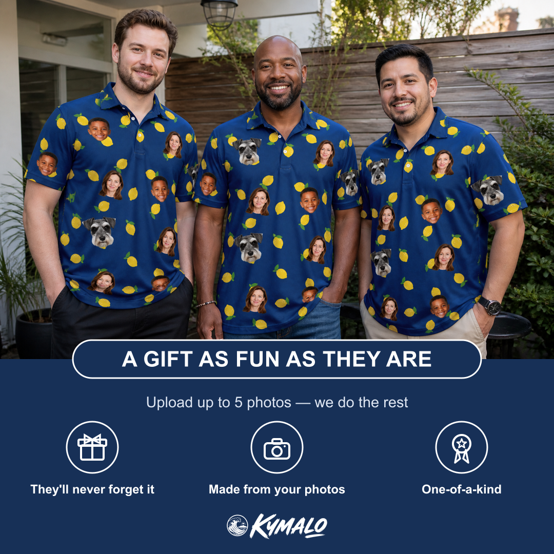 Friends in matching Men's Lemon Lilt Custom Face Polo Shirt — a group gift photo