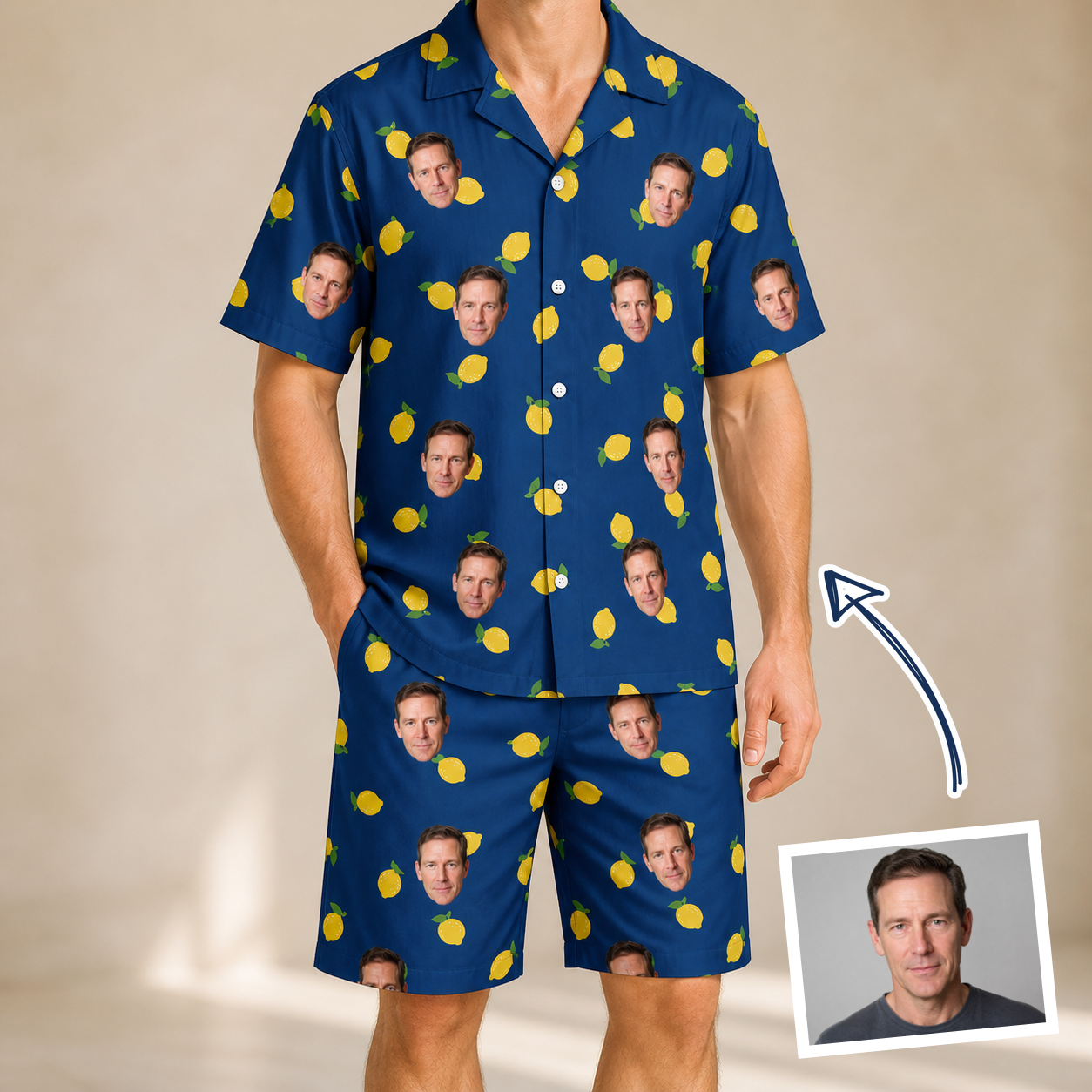 Man wearing Men's Lemon Lilt Custom Face Shirt & Shorts Set — custom faces printed all-over
