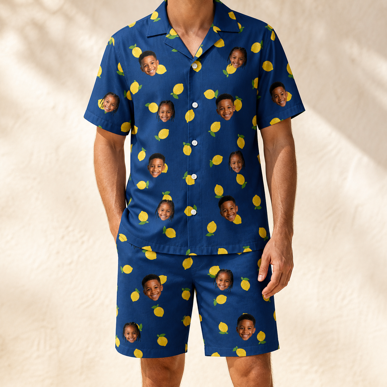 Model wearing Men's Lemon Lilt Custom Face Shirt & Shorts Set printed with kids' faces