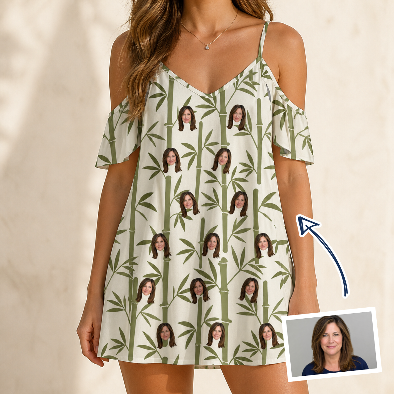 Woman wearing Women's Reed Revival Custom Face Off-Shoulder Dress — custom faces printed all-over