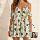 Woman wearing Women's Reed Revival Custom Face Off-Shoulder Dress — custom faces printed all-over