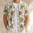 Man wearing Men's Reed Revival Custom Face Hawaiian Shirt open over a white tee