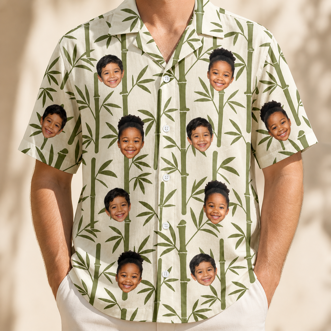 Model wearing Men's Reed Revival Custom Face Hawaiian Shirt printed with kids' faces
