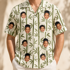 Model wearing Men's Reed Revival Custom Face Hawaiian Shirt printed with kids' faces