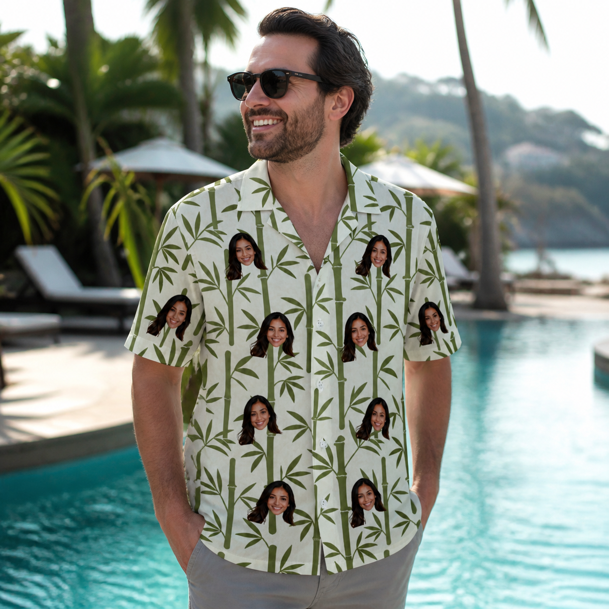 Real-life photo of someone wearing Men's Reed Revival Custom Face Hawaiian Shirt — custom faces printed all-over