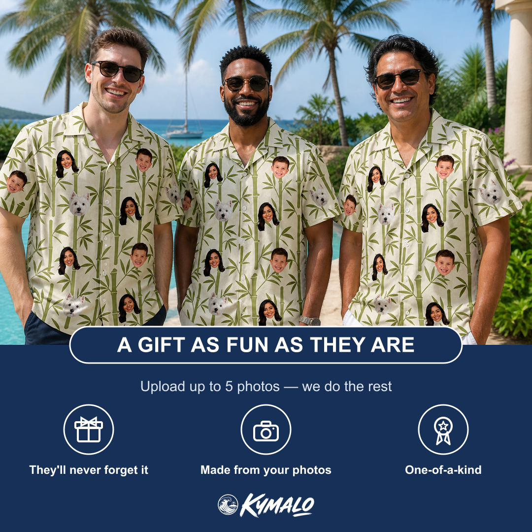 Friends in matching Men's Reed Revival Custom Face Hawaiian Shirt — a group gift photo