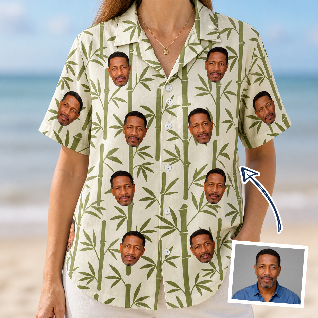 Woman wearing Women's Reed Revival Custom Face Hawaiian Shirt — custom faces printed all-over