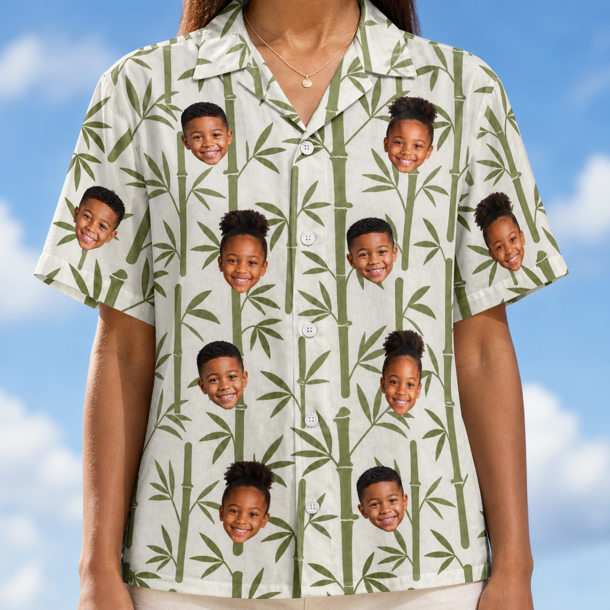 Model wearing Women's Reed Revival Custom Face Hawaiian Shirt printed with kids' faces