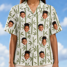 Model wearing Women's Reed Revival Custom Face Hawaiian Shirt printed with kids' faces