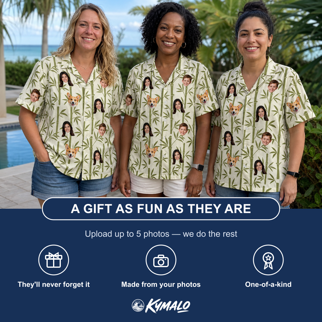 Friends in matching Women's Reed Revival Custom Face Hawaiian Shirt — a group gift photo