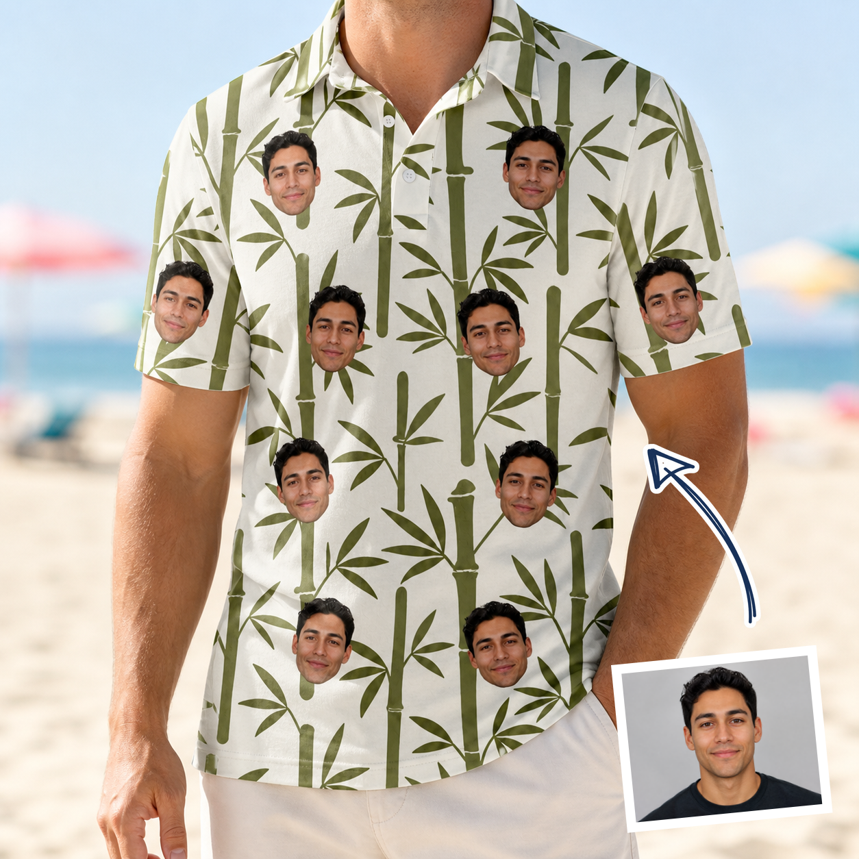 Man wearing Men's Reed Revival Custom Face Polo Shirt — custom faces printed all-over