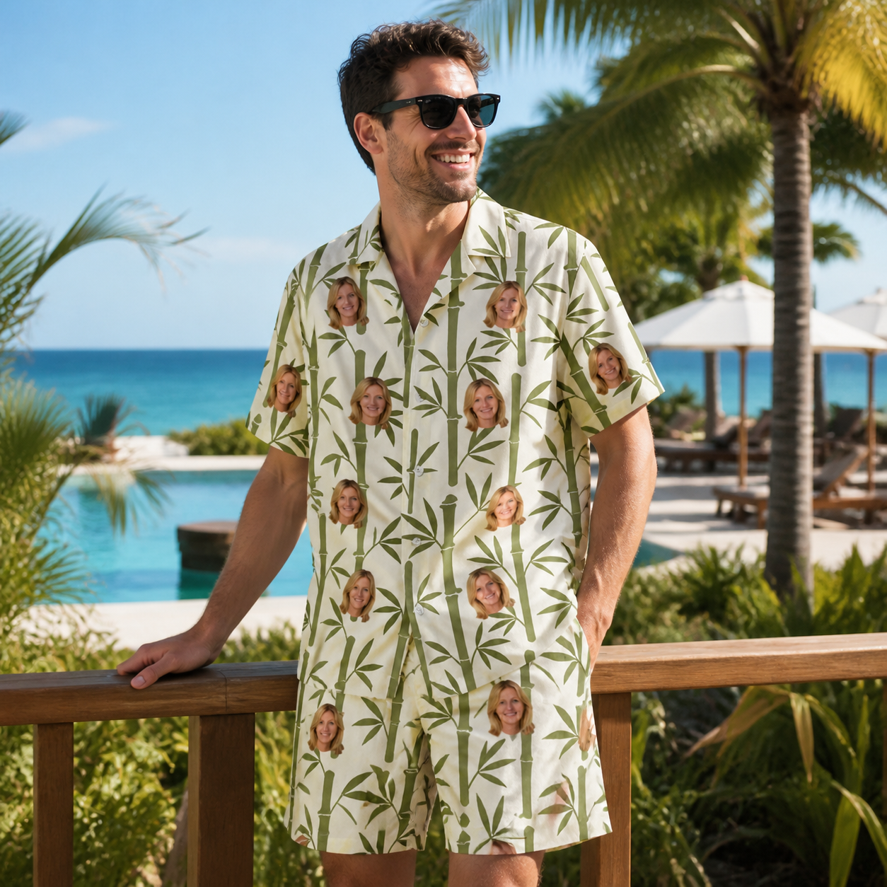 Real-life photo of someone wearing Men's Reed Revival Custom Face Shirt & Shorts Set — custom faces printed all-over