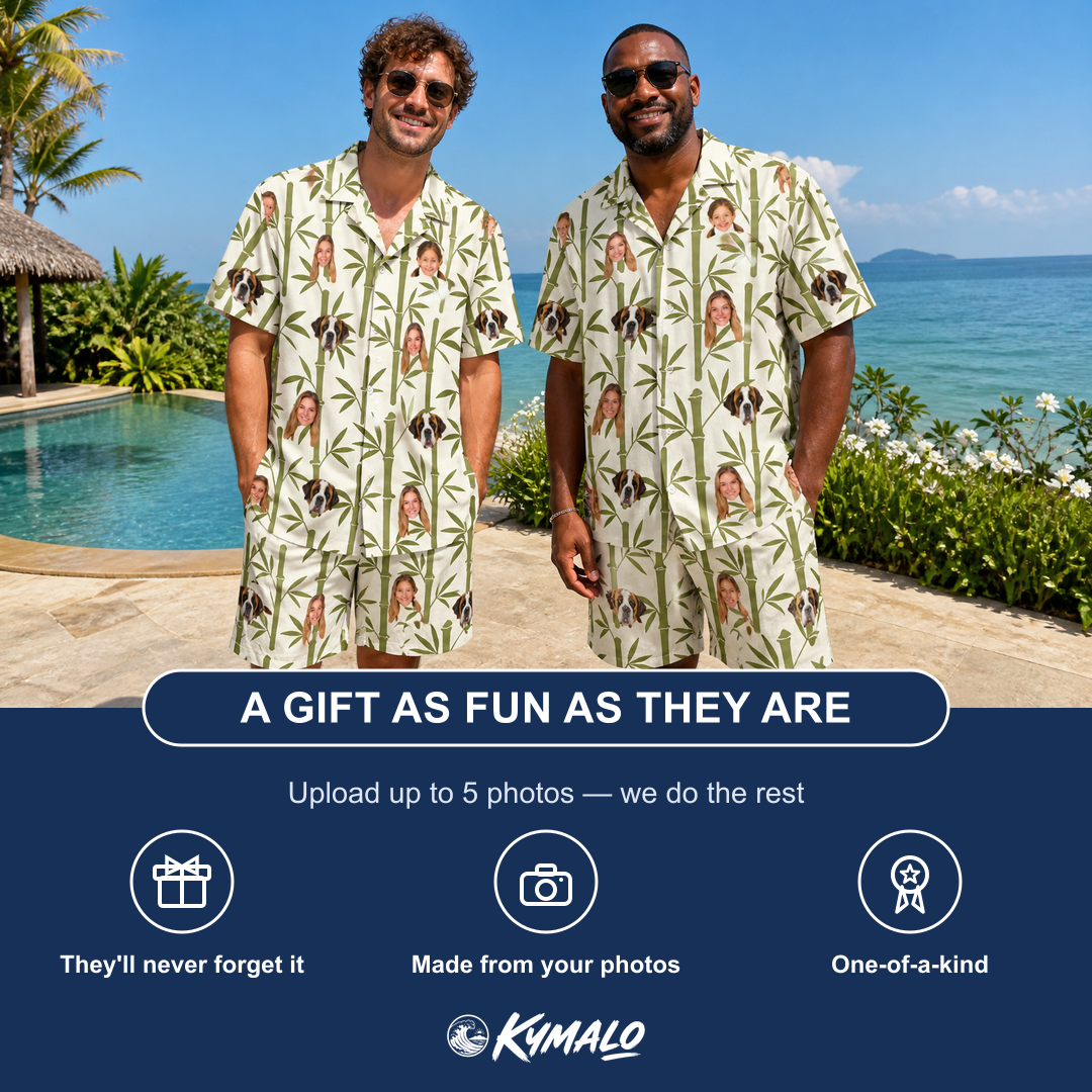 Friends in matching Men's Reed Revival Custom Face Shirt & Shorts Set — a group gift photo
