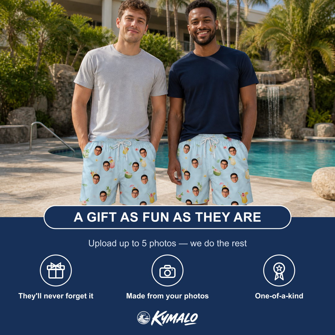 Friends in matching Men's Mai Tai Memories Custom Face Beach Shorts — a group gift photo