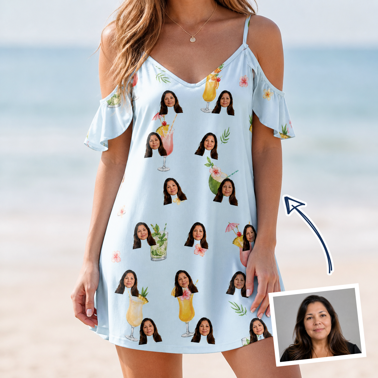 Woman wearing Women's Mai Tai Memories Custom Face Off-Shoulder Dress — custom faces printed all-over