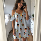 Real-life photo of someone wearing Women's Mai Tai Memories Custom Face Off-Shoulder Dress — custom faces printed all-over