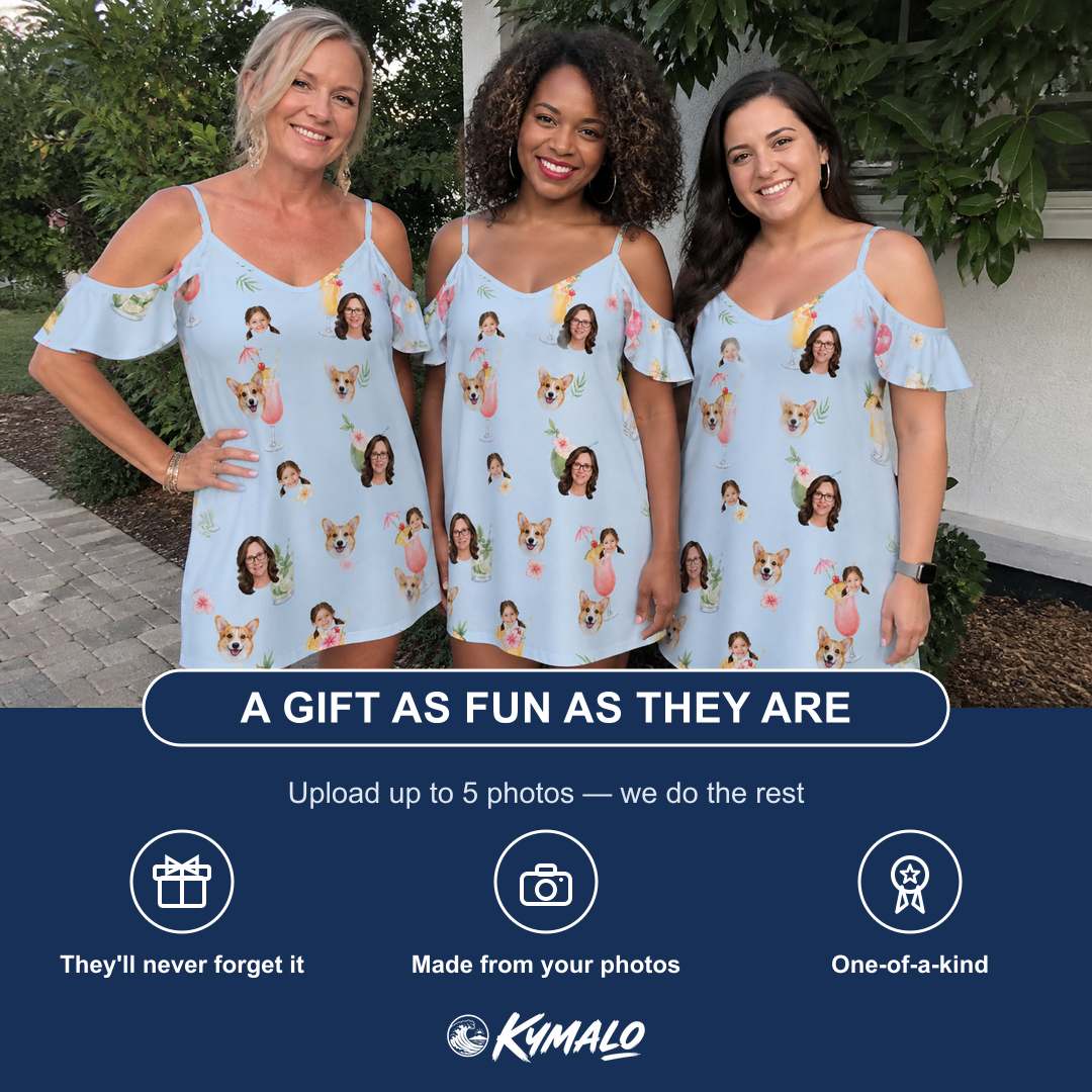 Friends in matching Women's Mai Tai Memories Custom Face Off-Shoulder Dress — a group gift photo