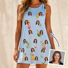 Woman wearing Women's Mai Tai Memories Custom Face Tank Dress — custom faces printed all-over